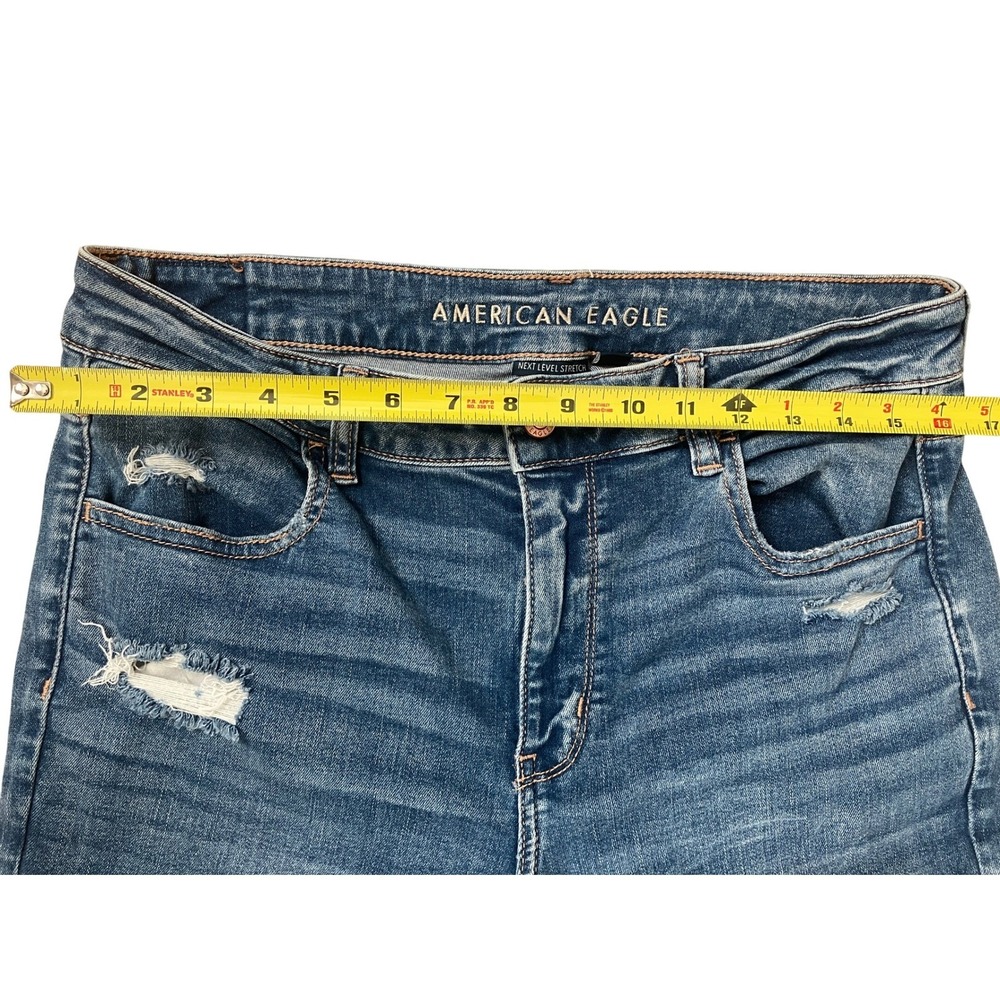 American Eagle Womens High Waisted Blue Distressed Skinny Jeans Long Size 14 - Picture 9 of 10